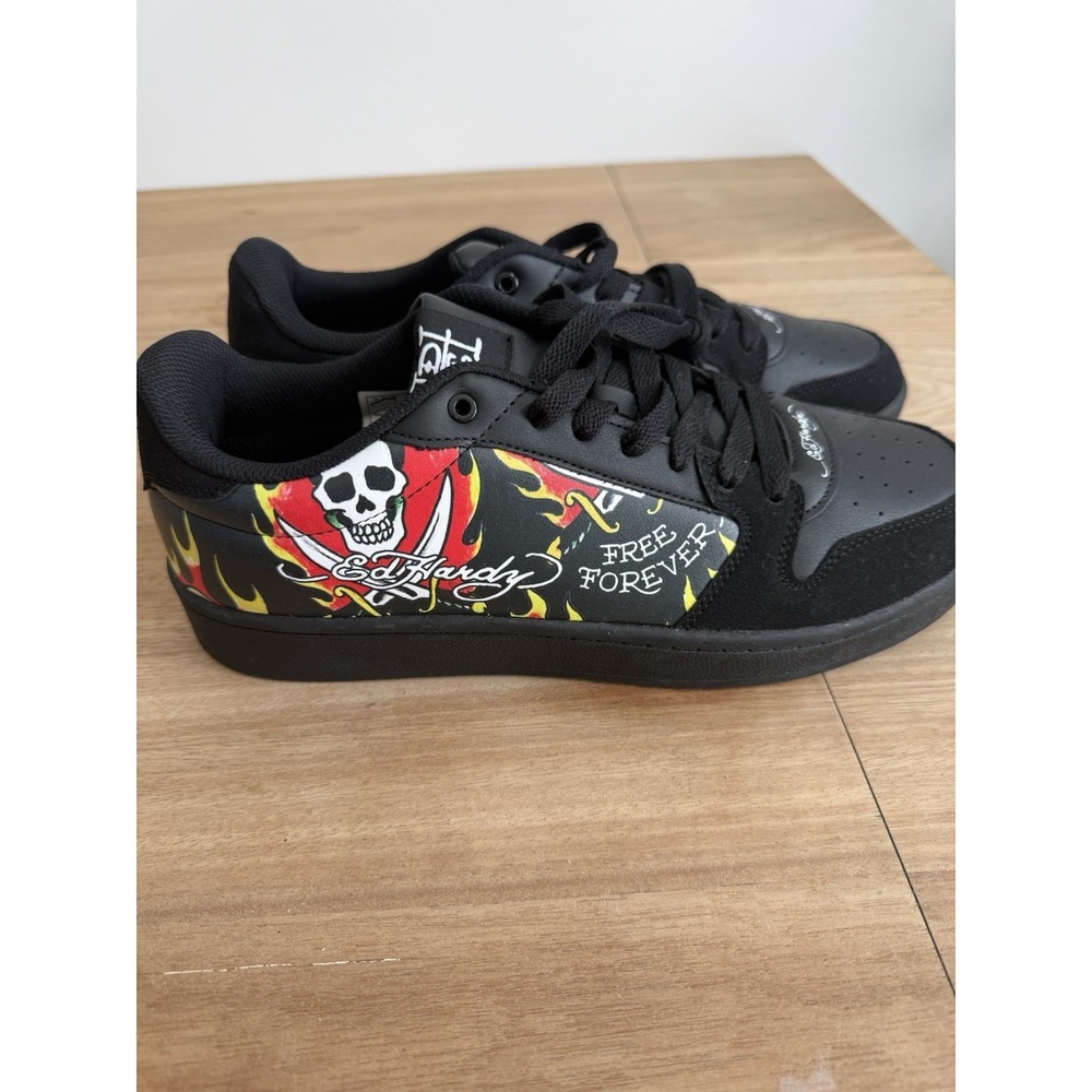 Ed Hardy Court-T Low Top Sneakers Black Skull Flame Graphic Men's Size 12 New